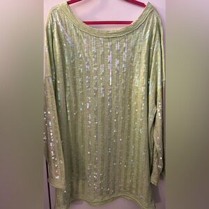 Long sleeve sequin pullover tunic top, lime green with iridescent sequins